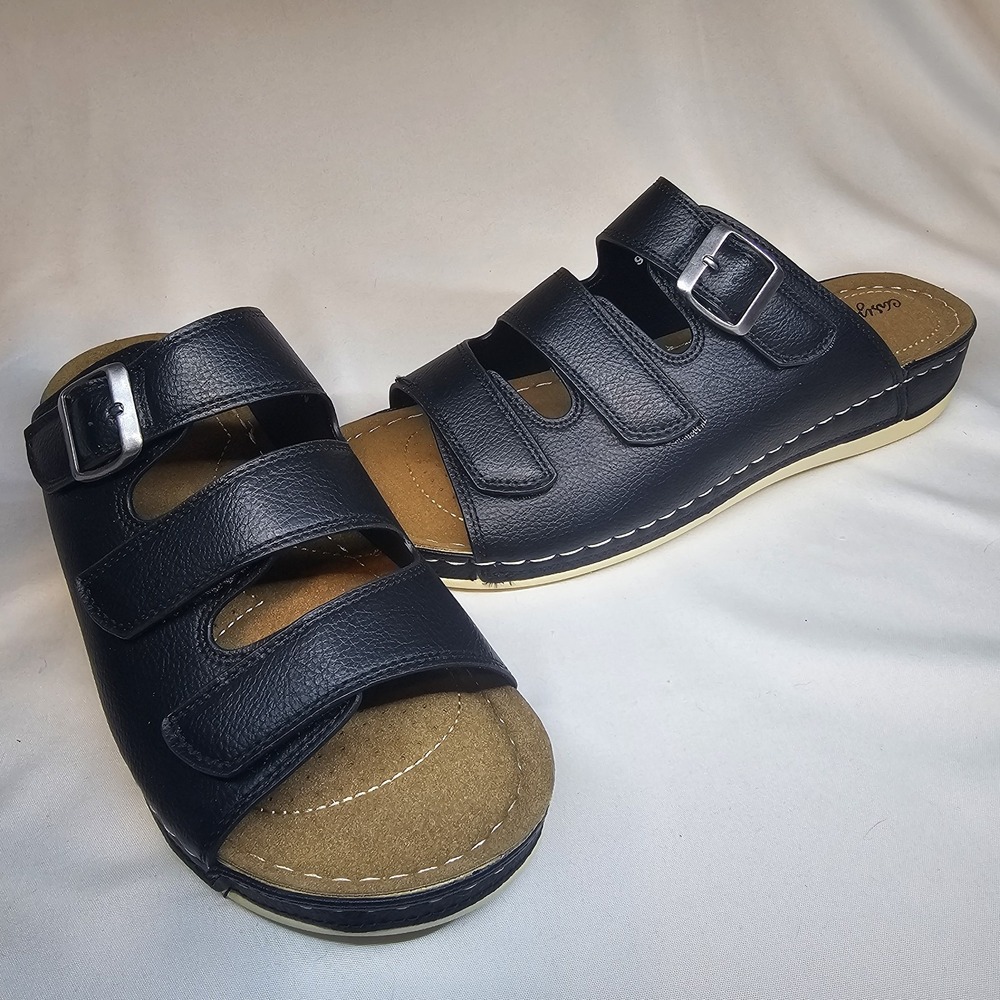Easy Street Women's Black Comfort Slide Sandals Buckle Strap Size 9.5 (W) Wide